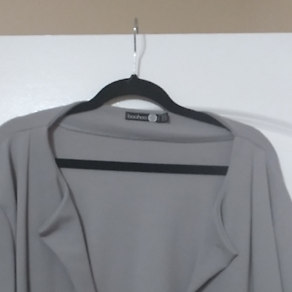 Light Gray Blazer with Open Front and Draped Collar